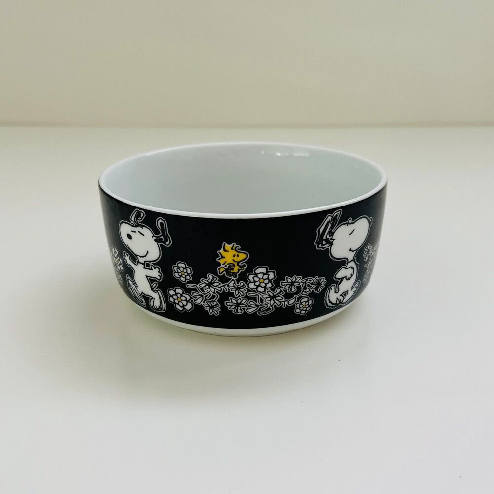 PEANUTS Black White Floral Snoopy & Woodstock Small Ceramic Bowl - No Lid